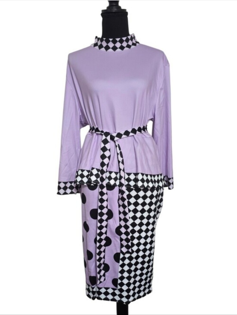 Lavender Geometric Print Belted Dress